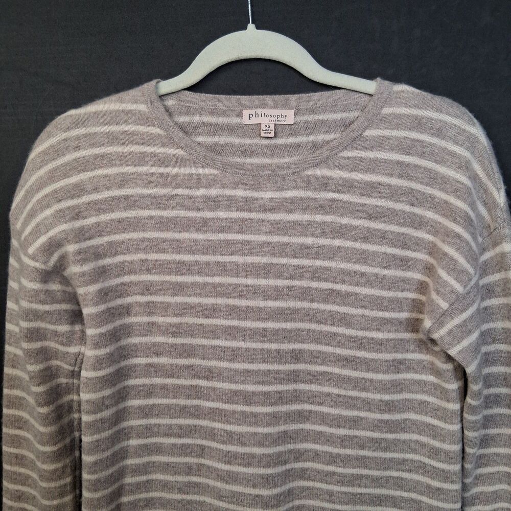 100% Cashmere Striped Philosophy Sweater Size XS Oatmeal Soft Luxury Knit - Picture 4 of 13